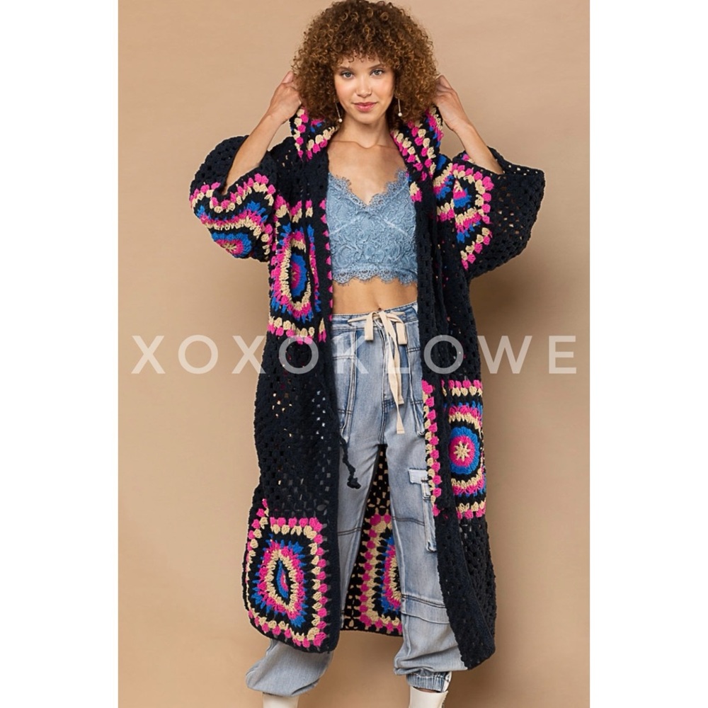 POL Black & Pink Crochet Granny Square Chenille Long Cardigan Relaxed Fit - Picture 10 of 16